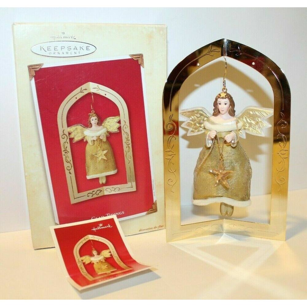 Hallmark Gold Angel Glad Tidings Christmas Ornament Hope Peace w/ 7" Brass Stand